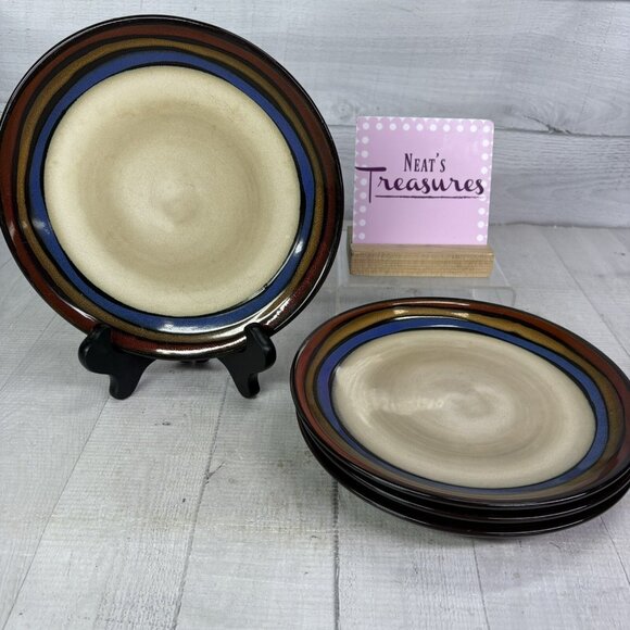 Pfaltzgraff GALAXY RED Brown Blue Bands Stoneware 8.25" Salad Lunch Plate Set 4 - Picture 1 of 16